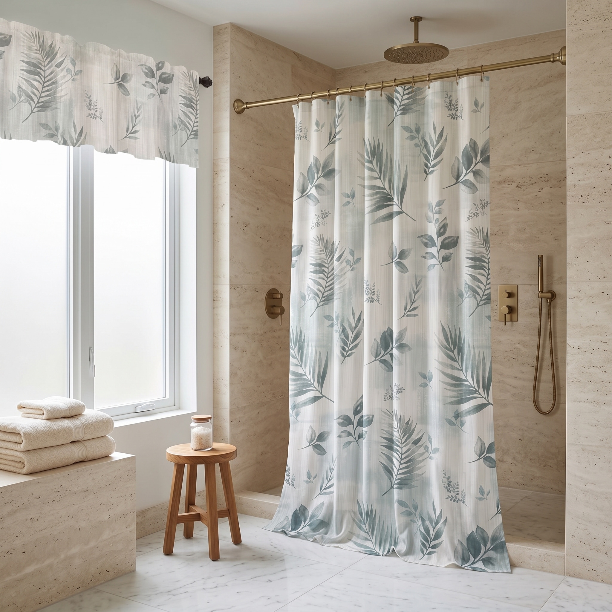 Rothbury Leaf Pattern Fabric Shower Curtain and Window Valance