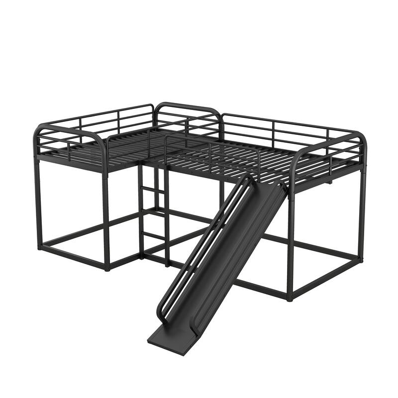 Full & Twin Size Low Bunk Beds for 4, Modern L-Shaped Metal Bunk Bed Frame with Slide, Short Ladder and Full Length Guardrails