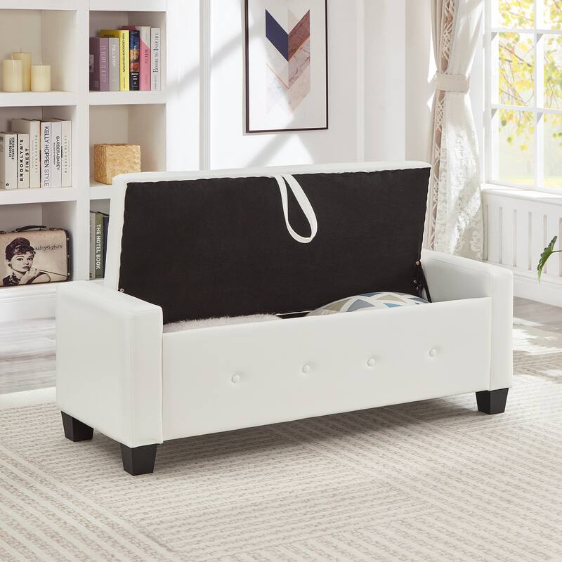 Tufted Faux Leather Storage Ottoman Bench for Bedroom, Living Room & Hallway, 48" Multifunctional Upholstered End of Bed Bench
