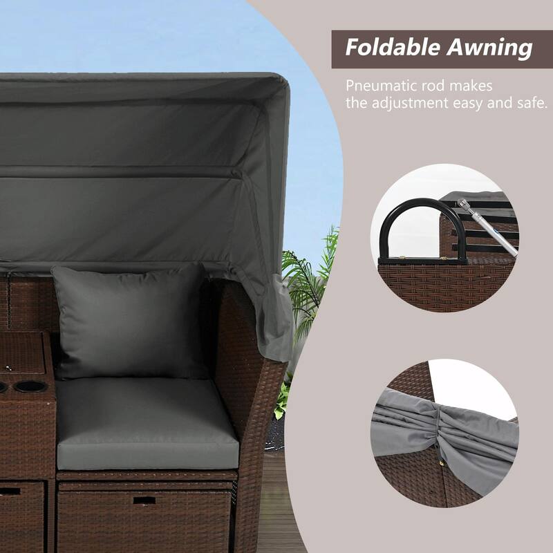 Outdoor Patio Loveseat Sofa Set with Foldable Awning