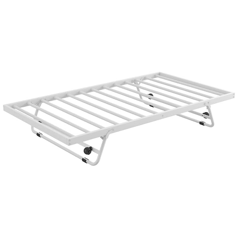 Twin Size Metal Daybed with LED and Adjustable Trundle, Pop Up Trundle, White