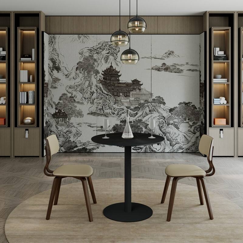 Vail Round Dining Table 27 in. Sintered Stone Tabletop in Black Stainless Steel Round Pedestal Base for Kitchen and Dining Room