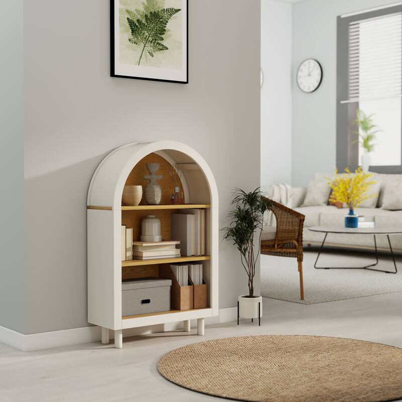 Anmytek Arched 3-Tier Bookcase, White with Woodgrain Shelves, Modern Storage Cabinet for Living Room Bedroom Entryway