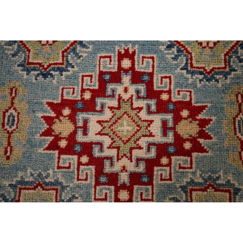 Light Blue Kazak Runner Rug Handmade Geometric Wool Carpet - 2'9" x 16'2"