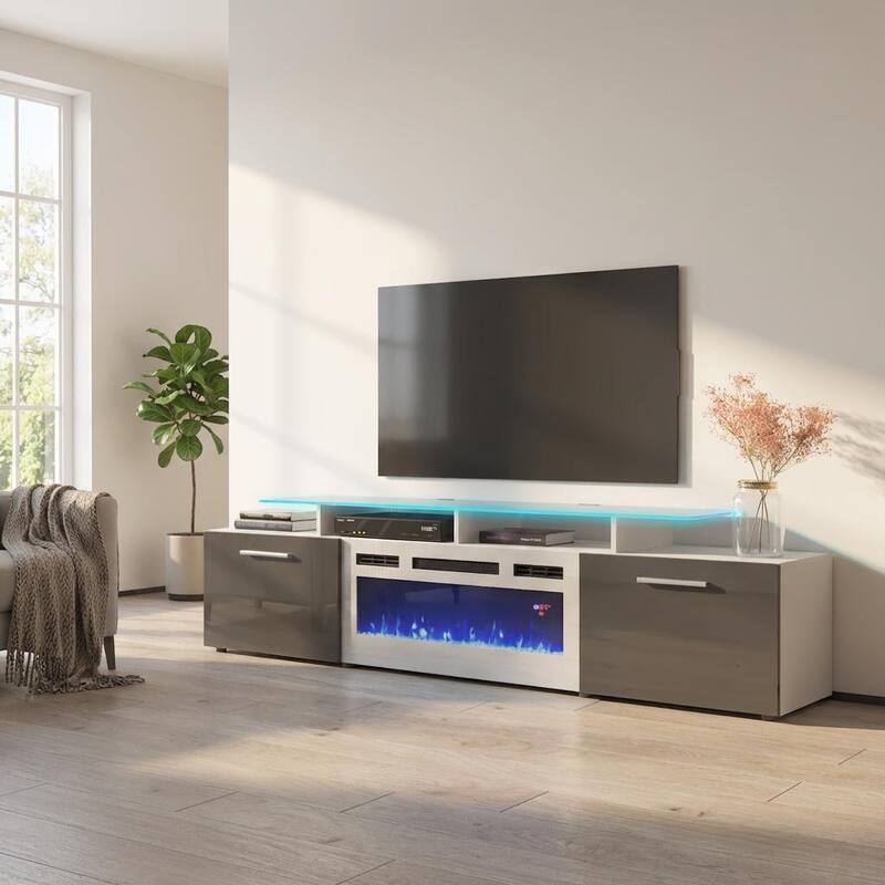 Meble Furniture Rova WH-EF Electric Fireplace 75" TV Stand and High Gloss Finish for up to 85" TVs