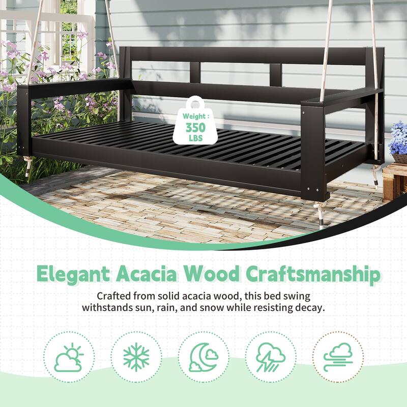Patio Wooden Twin Size Porch Swing Daybed with 4 Hanging Ropes