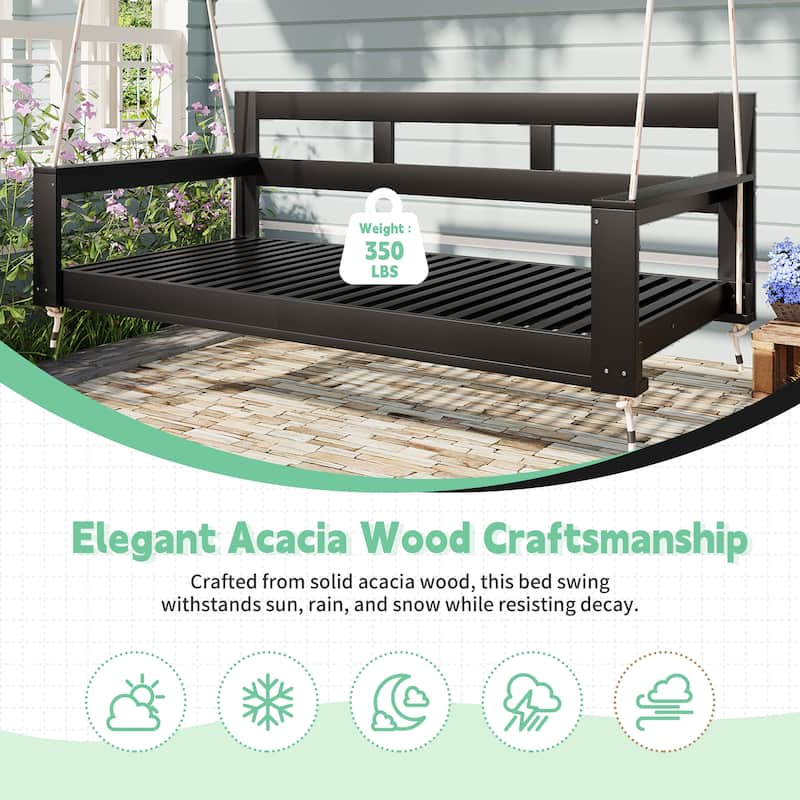 Twin Size Acacia Wood Porch Swing Daybed with Ropes, Outdoor Hanging Garden Bench Frame for Patio, Backyard or Porch