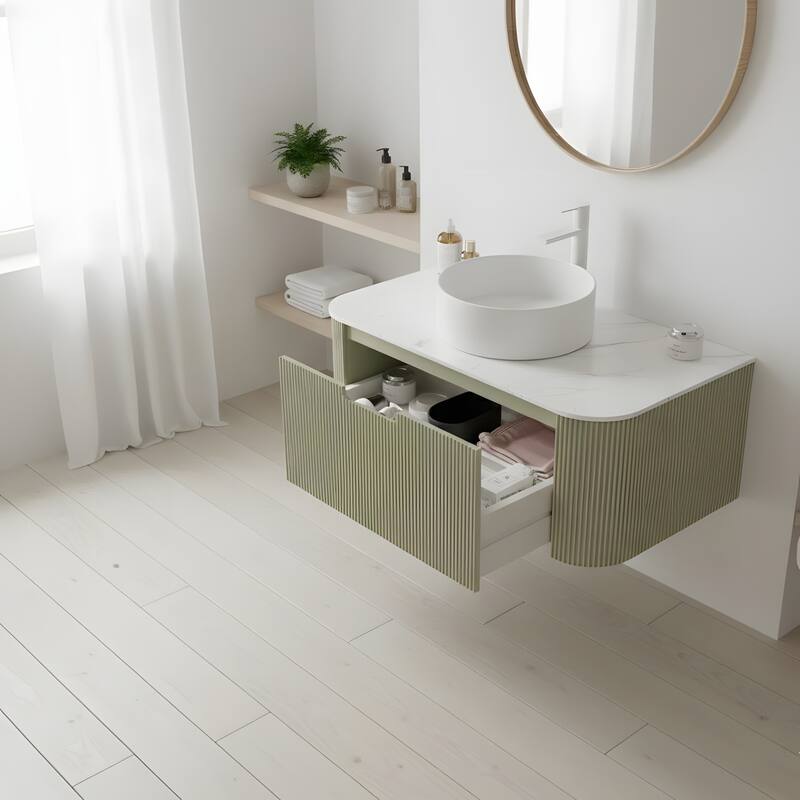 Wall Mounted Bathroom with White Round Ceramic Basin and Drawer