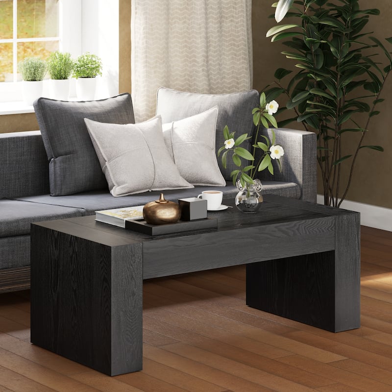 COZAYH Rustic Wood Coffee Table with Chunky Block-Legs, Farmhouse Style Center Table, Lounge, Rectangular - Black