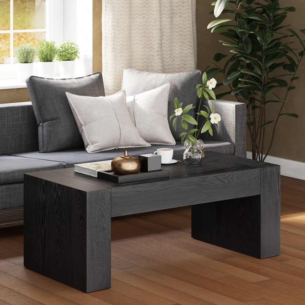 COZAYH Rustic Wood Coffee Table with Chunky Block-Legs, Farmhouse Style Center Table, Lounge, Rectangular