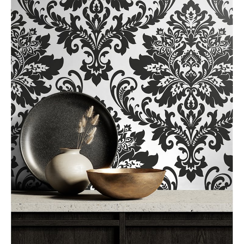 NextWall Black Damask Peel and Stick Removable Wallpaper - 20.5 in. W x 18 ft. L