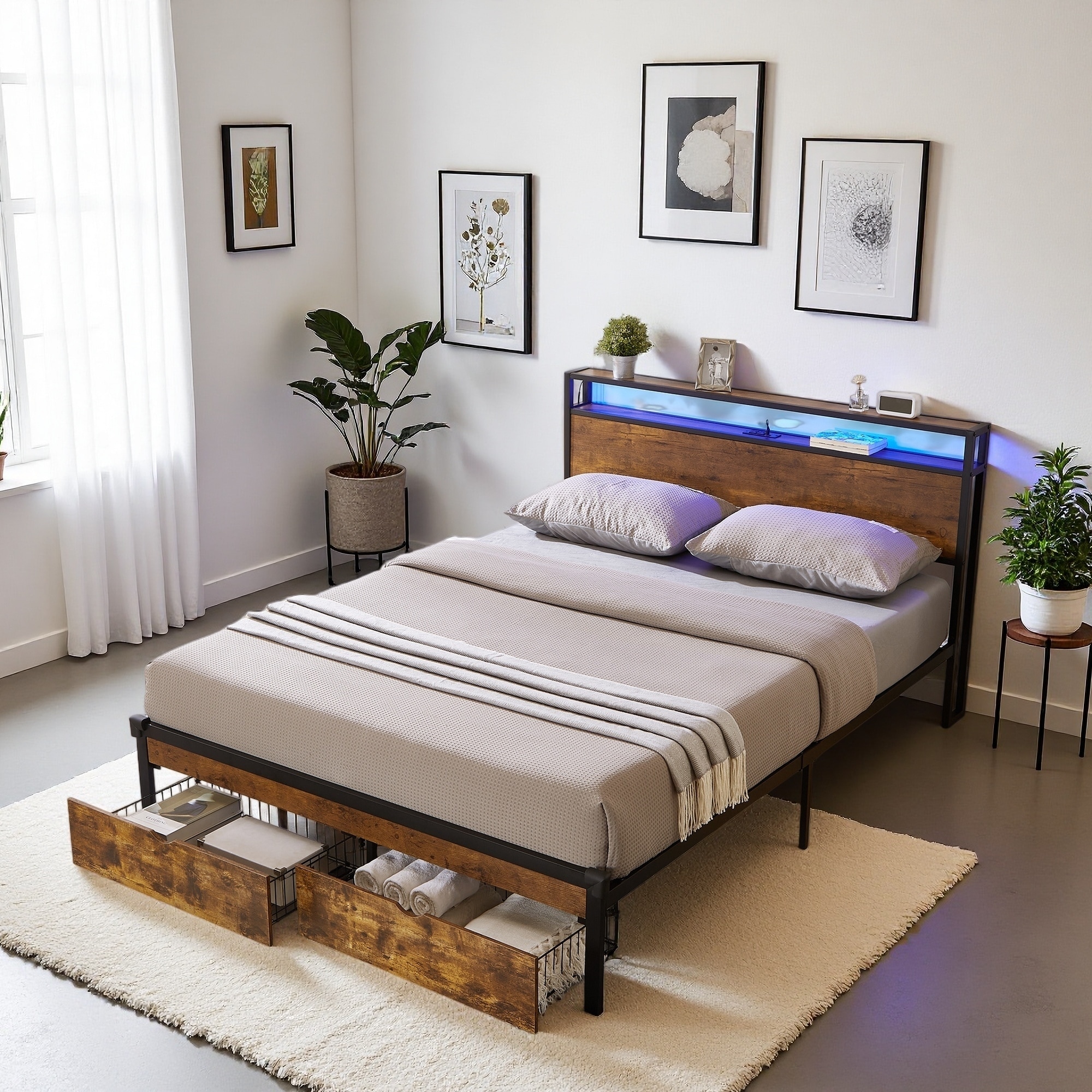 Metal Platform Bed with Wooden Headboard and Storage Drawers