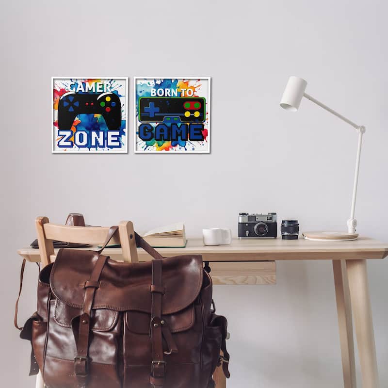 Stupell Gamer Zone on Splash Framed Giclee Art Design By Kim Allen (Set of 2)