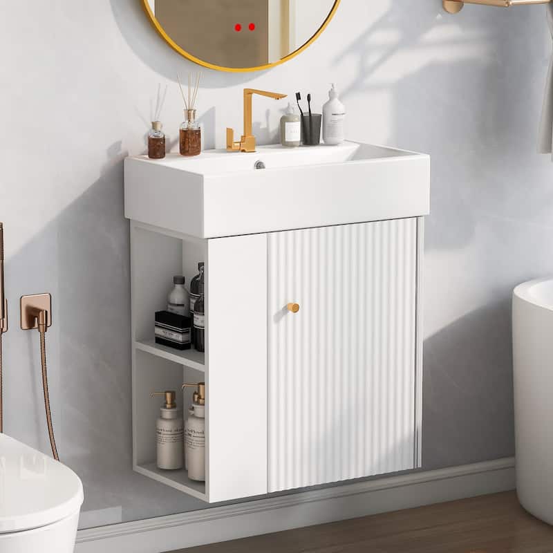 21.6" Floating Bathroom Vanity with Ceramic Sink and Side Open Storage - White
