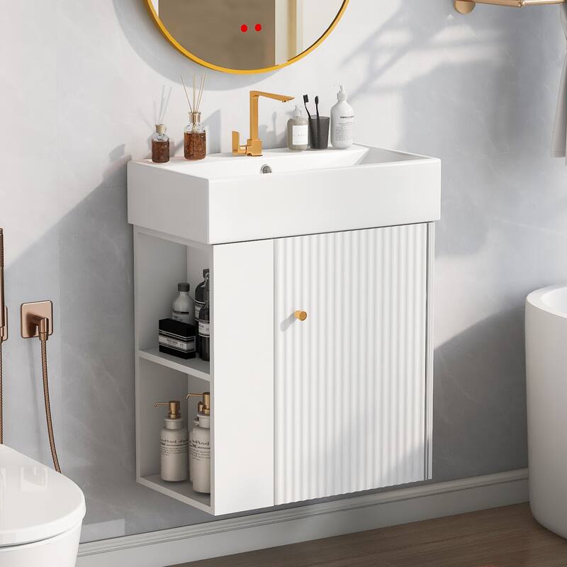 21.6" Modern Floating Bathroom Vanity with Ceramic Basin - Perfect for Small Bathrooms, Left side storage - White