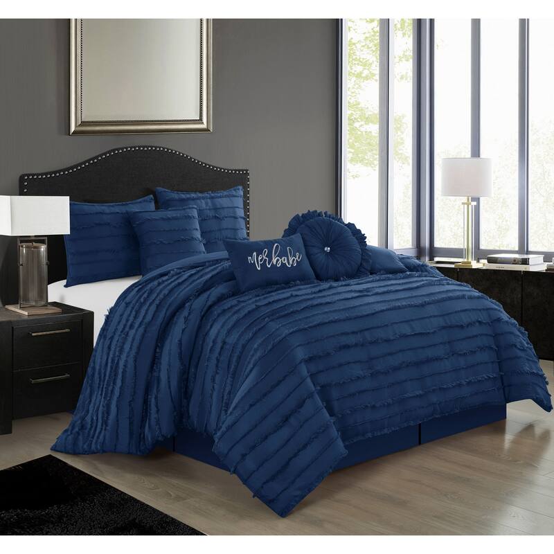 Porch & Den Summerwood Solid Color Fringe Stripe 7-piece Comforter Set - Navy - King