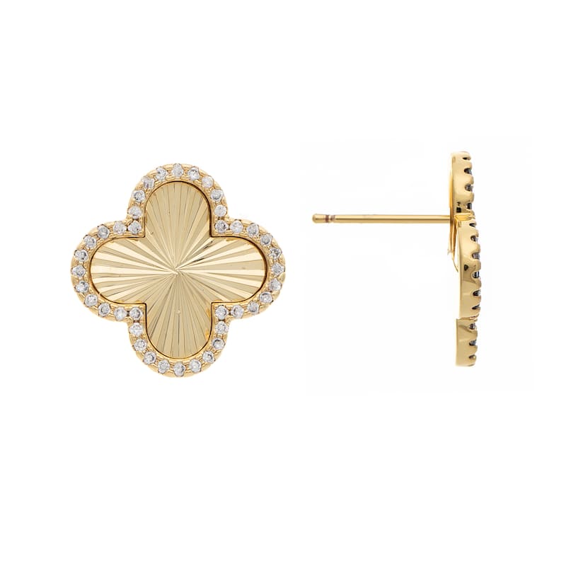 Rhodium Satin Finish Cubic Zirconia Clover Stud Earrings - .75" - White