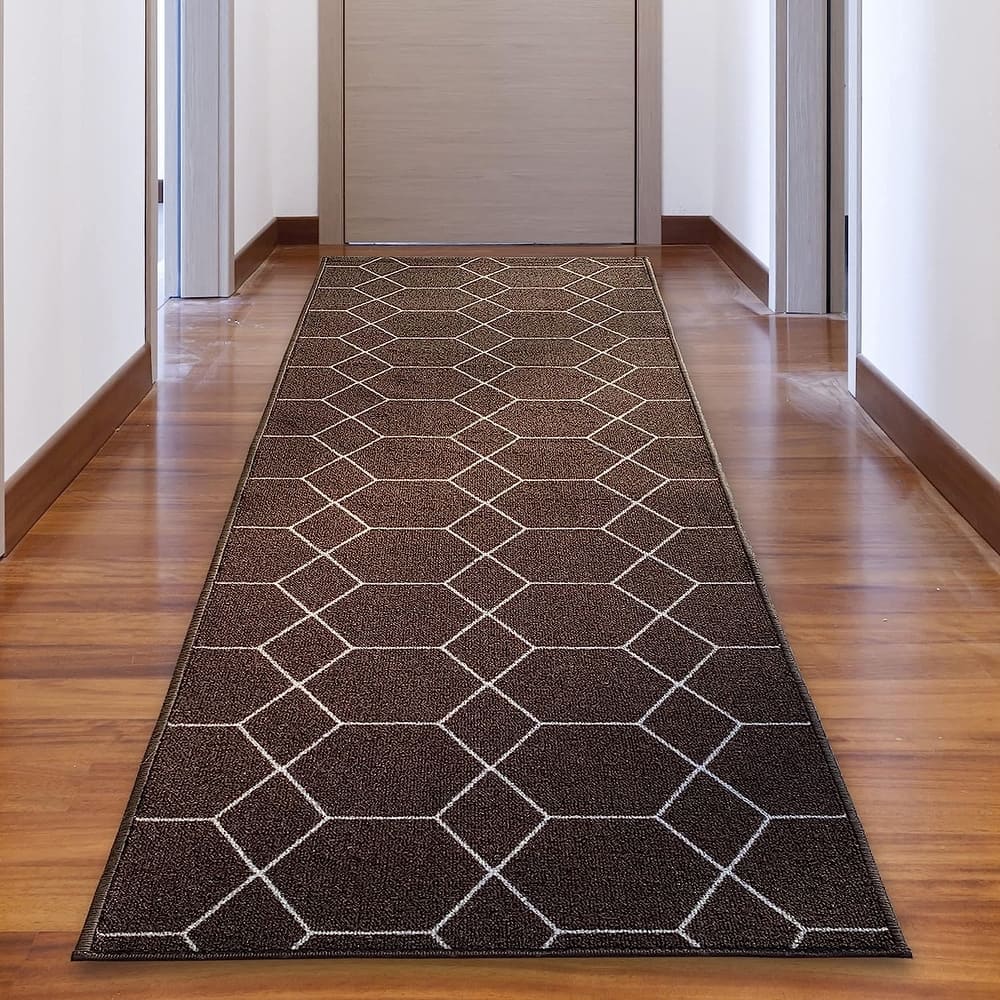 Custom Size Hexagon Design Brown,Gray,Red Color Non-Slip Rubber Backing-26 Inch WidexYour Choice of Length Runner Rug