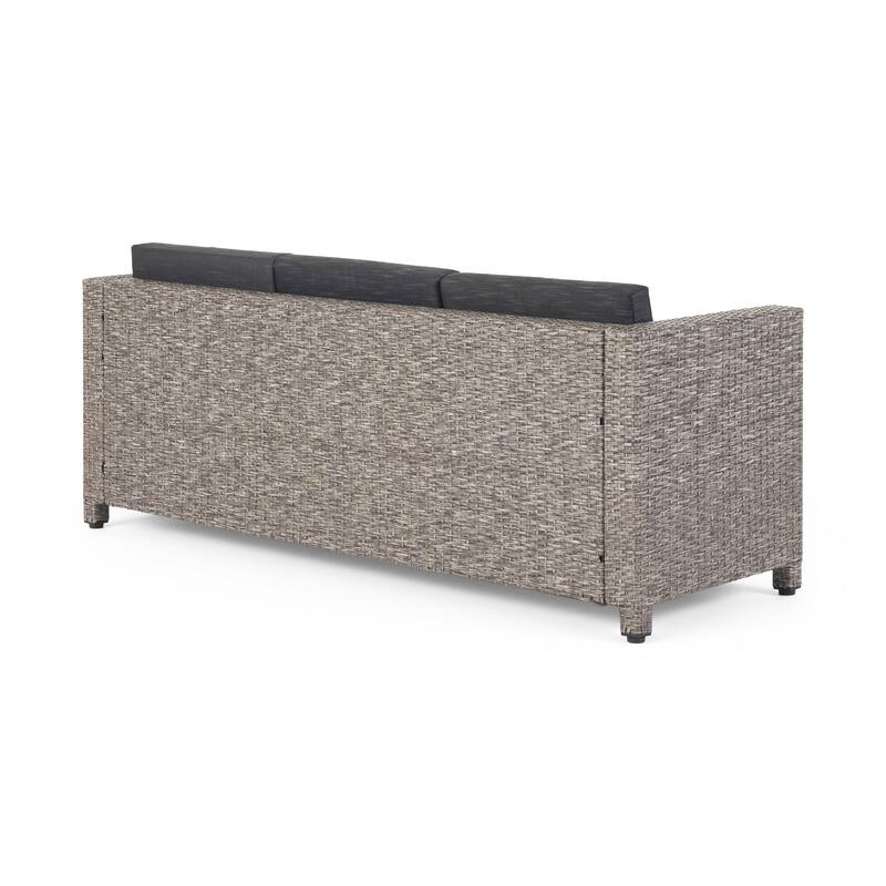 Roomfitters Outdoor Sofa with All-Weather Wicker, Removable Cushions, 3-Seater Patio Couch, Black+Grey