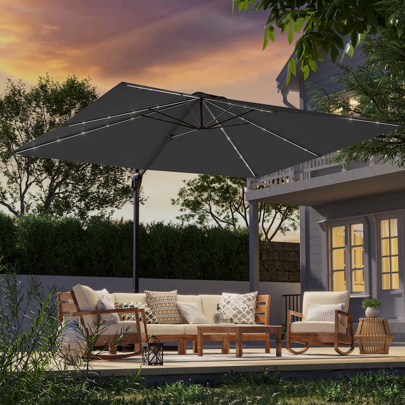 LIVOOSUN 10x8ft LED Rectangle Cantilever Umbrella Patio Offset Umbrella For Outdoor Space, Solution-Dyed Fabric, 360° Rotation - DarkGray