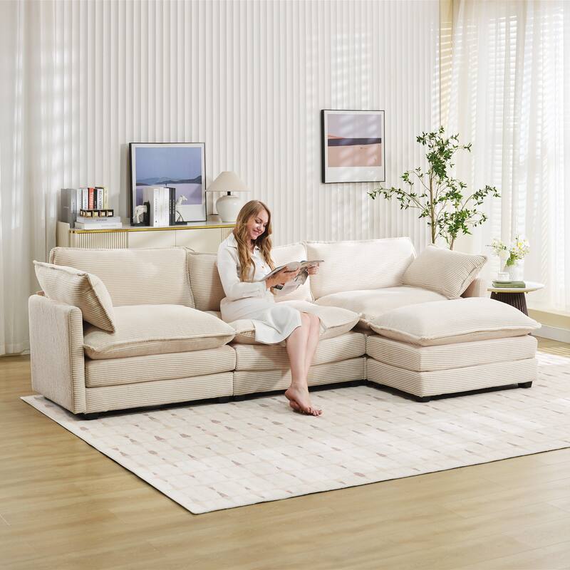 3-Seat Corduroy Modular Sofa with an Independent Removable Ottoman for Living Room or Business