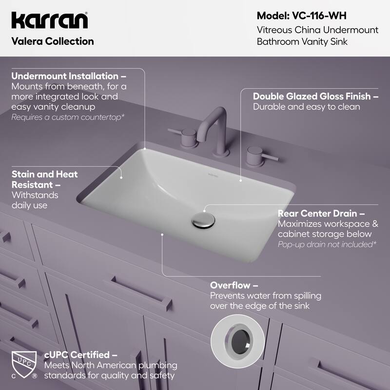 Karran Valera 21" Rectangular Undermount Vitreous China Bathroom Sink in White