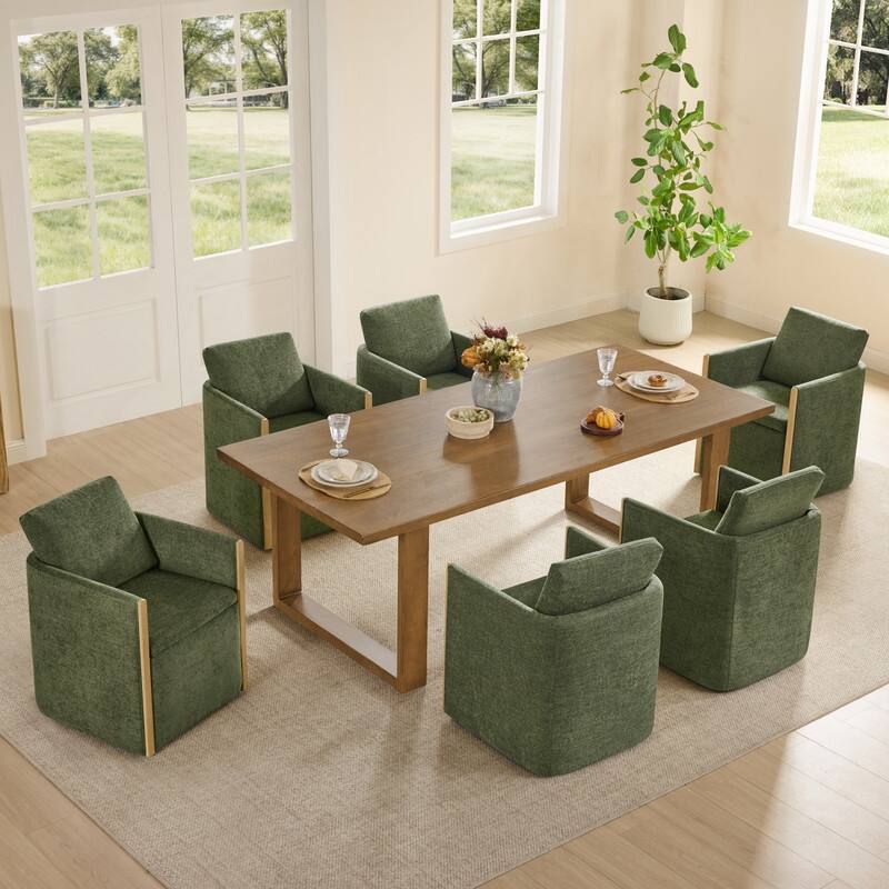 Spruce & Spring Modern Chenille Dining Chair with Casters, Wood Inlay & Hidden Storage
