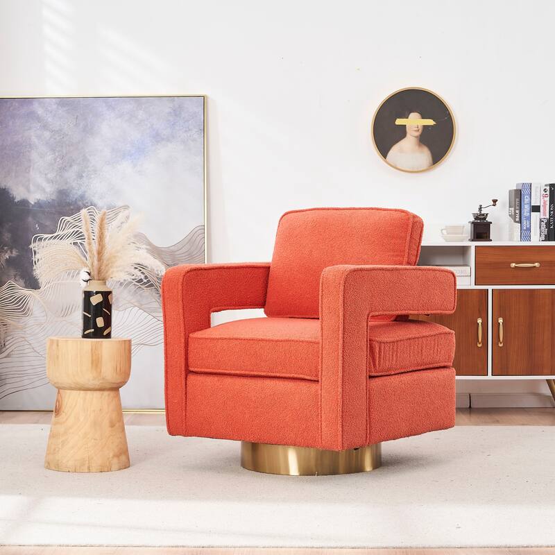 Ouyessir Modern Upholstered Swivel Accent Chair with Hollow-back & Golden Base - Orange