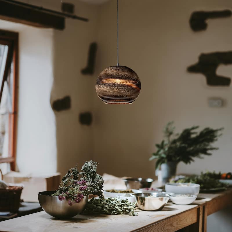 1-light Brown Natural Pendant Light With Nordic Style Globe Cardboard Shade For Dining Table