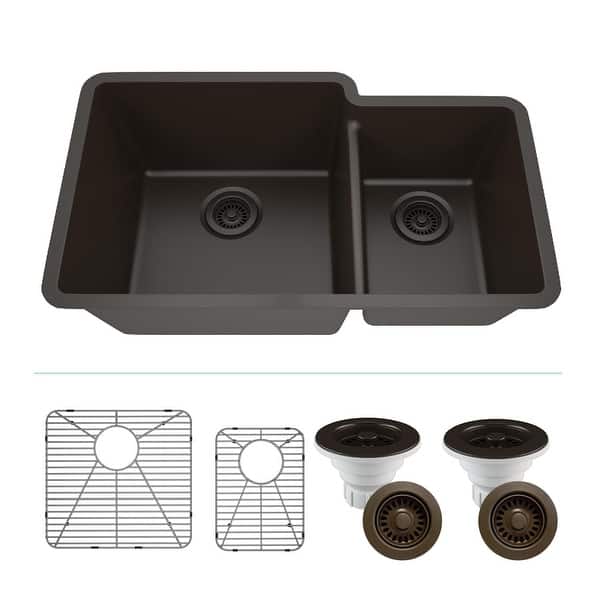 slide 2 of 10, 32"x19" Quartz Granite Kitchen Sink, 60/40 Double Bowl Drop-in - 19x32 Galaxy Mocha