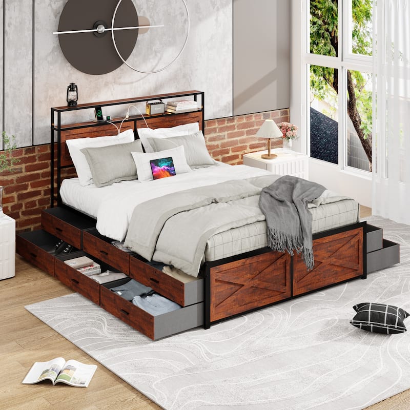 King Bed Frame with Storage Headboard and 12 Drawers LED Lights