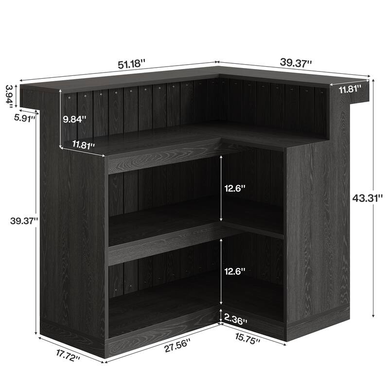 Home Bar Unit, Corner Liquor Bar Table with Storage Shelves & Wine Glass Holder, Pub Reception Accent Cabinet Desk