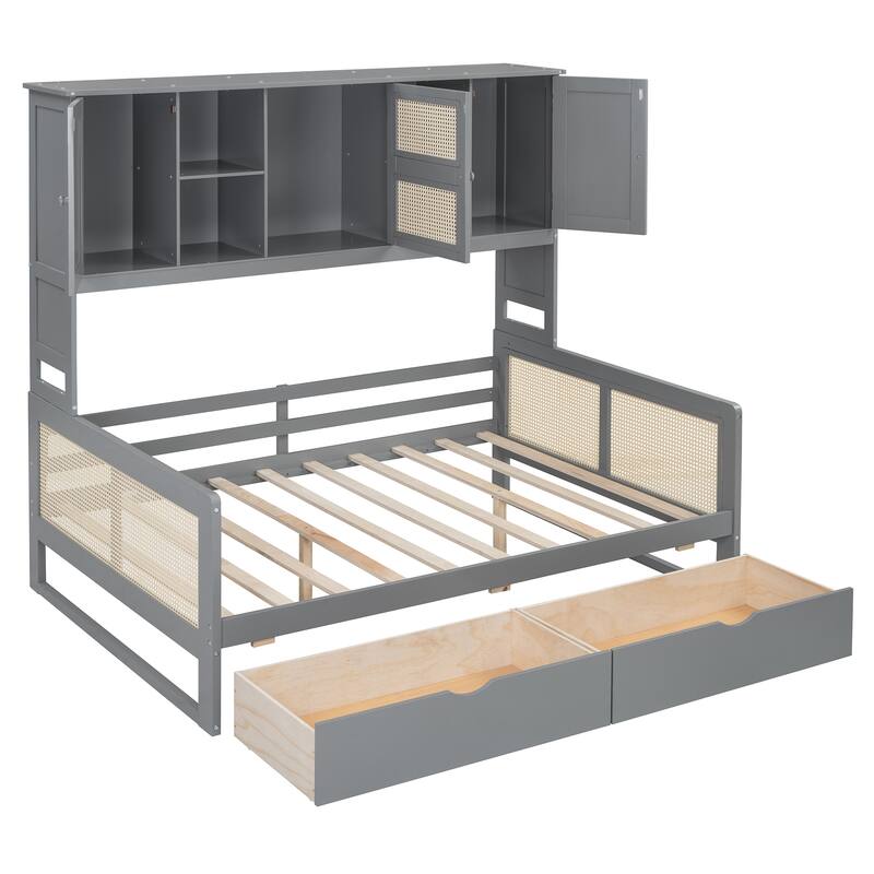 Full Size Daybed, Wooden Full Daybed Frame with 2 Storage Drawers, All-in-One Cabinet and Shelf for Bedroom
