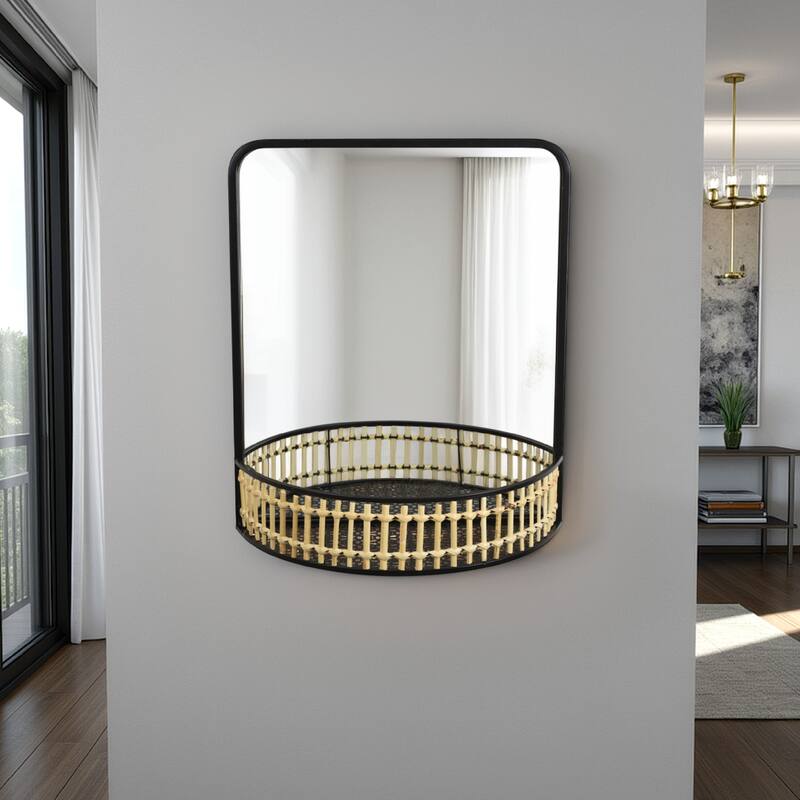 Elpis Wall Mirror Decor with Woven Shelf, 20 Inch Tall Black Metal
