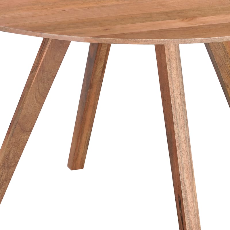 Temi Dining Table 47" Round Top Handmade Natural Brown Mango Wood Angled Four Legged Base