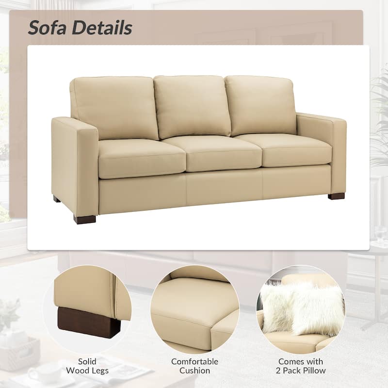 Ernando 83.46" Wide Genuine Leather Sofa with Squared Arms and Pillows