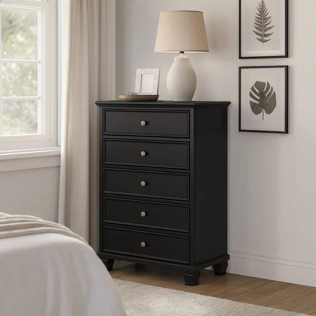 Lemo Tall Dresser Chest, 5 Drawer, Nickel Round Knob, Black Solid Wood