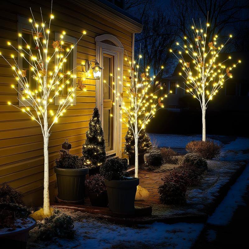 Grondin 3 Pieces Pre-Lit Christmas Lighted Artificial Birch Tree, 4FT 5FT 6FT White Lighted Birch Tree Set of 3