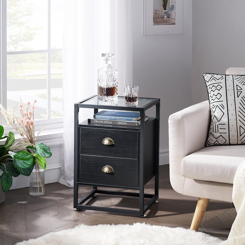 Javlergo Tempered Glass Top Nightstand with 2-Drawer and Open Shelf