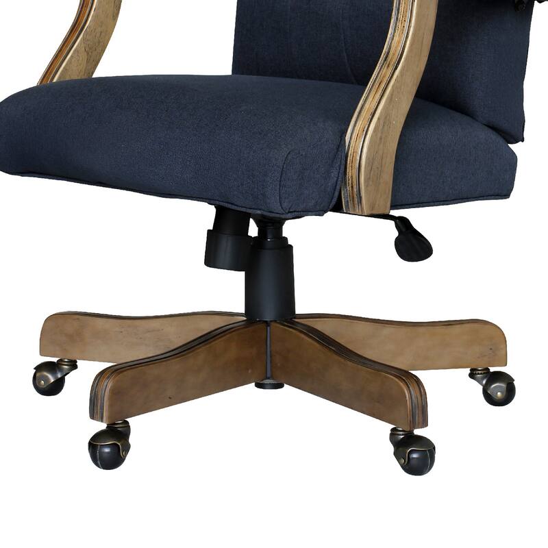 Jake Executive Armchair with Driftwood Finish, Navy Blue Tufted Linen