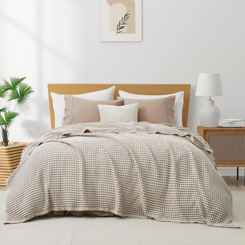 Organic Cotton Waffle Weave Bed Blanket, Breathable Textured Blanket for All Season - Full - Queen - Beige