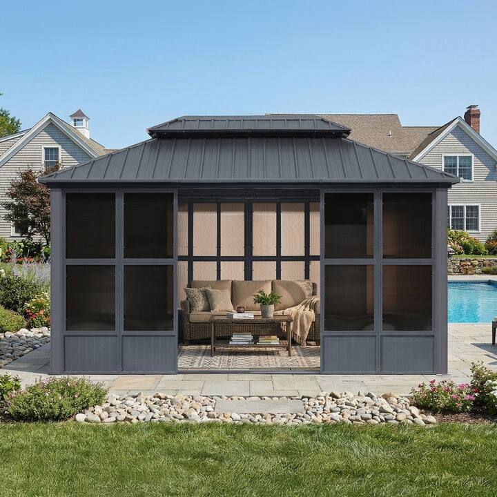 PURPLE LEAF Double Top Outdoor Sunroom All-Weather Screen House Patio Hardtop Gazebo