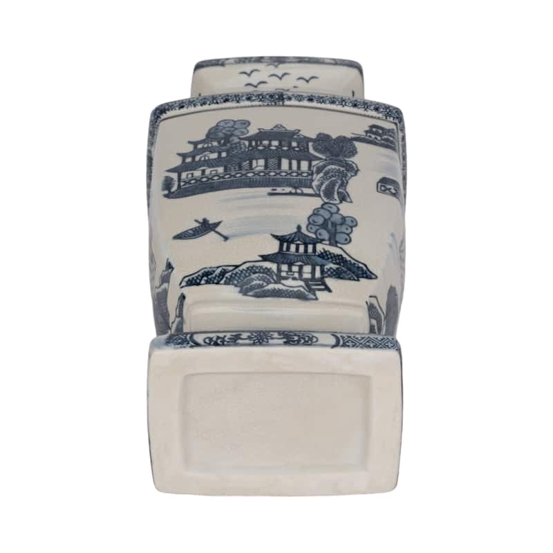 Sagebrook Home Ceramic Vase Contemporary Blue and White Chinoiserie Temple Design Floral Vase