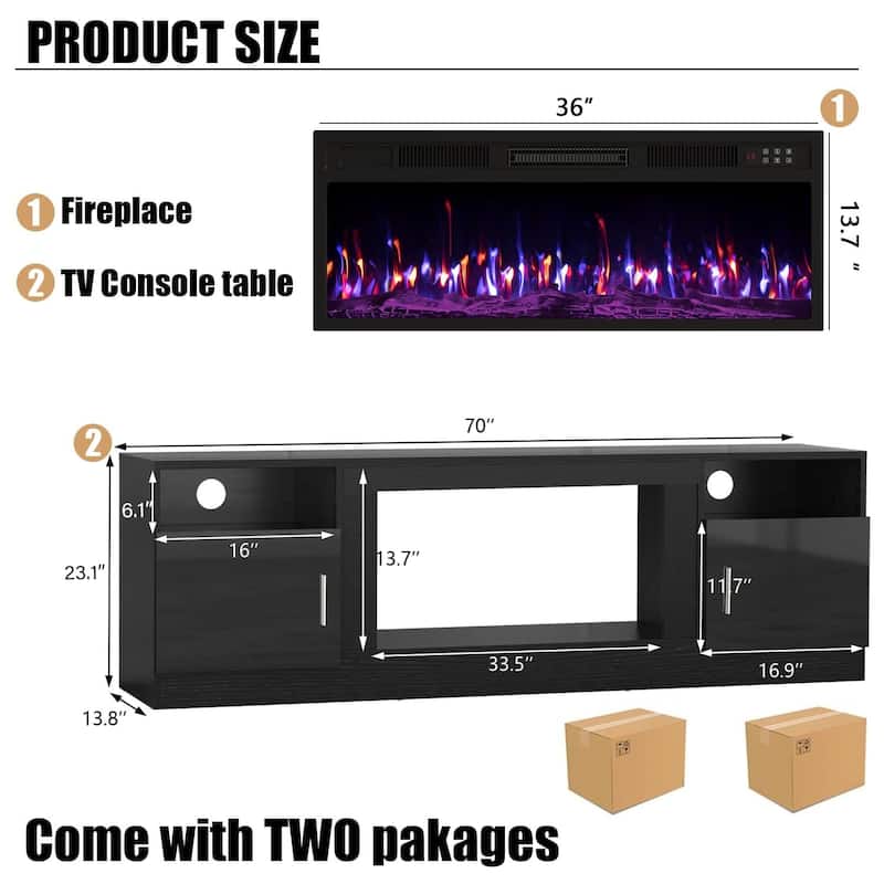 Bossin 70" Fireplace TV Stand with 36" Electric Fireplace, TV Stand for TVs Up to 80", 20 Colors LED Lights/Entertainment Center