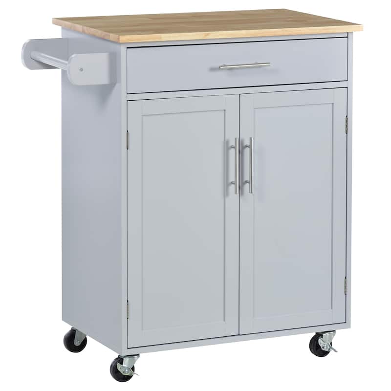 HOMCOM Kitchen Island Cart Rolling Trolley Cart with Drawer, Storage Cabinet & Towel Rack - Grey