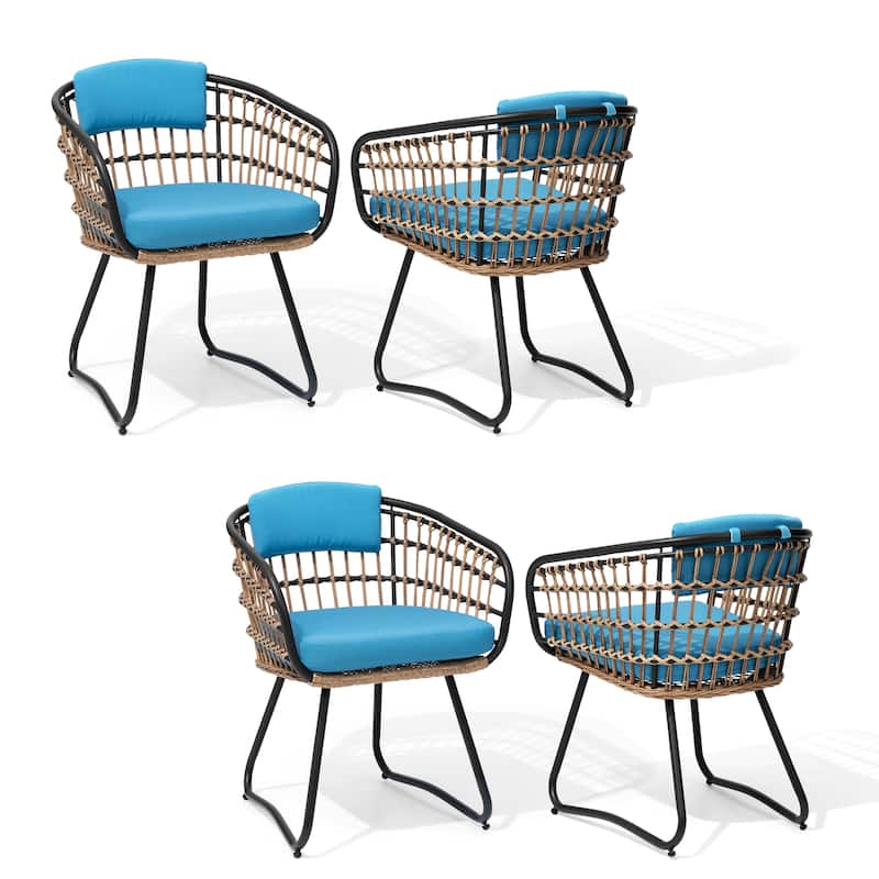 Outdoor Patio Wicker Dining Chairs PE Rattan Seating Set with Cushion - Blue-Set of 4