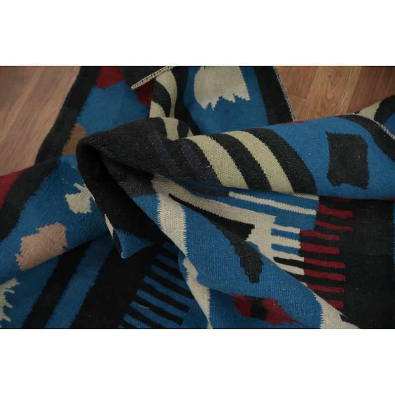 Hand Woven Oriental 100% Wool Carpet Southwestern Tribal Navy Blue & Blues Kilim Area Rug - 9' 11'' X 5' 4''