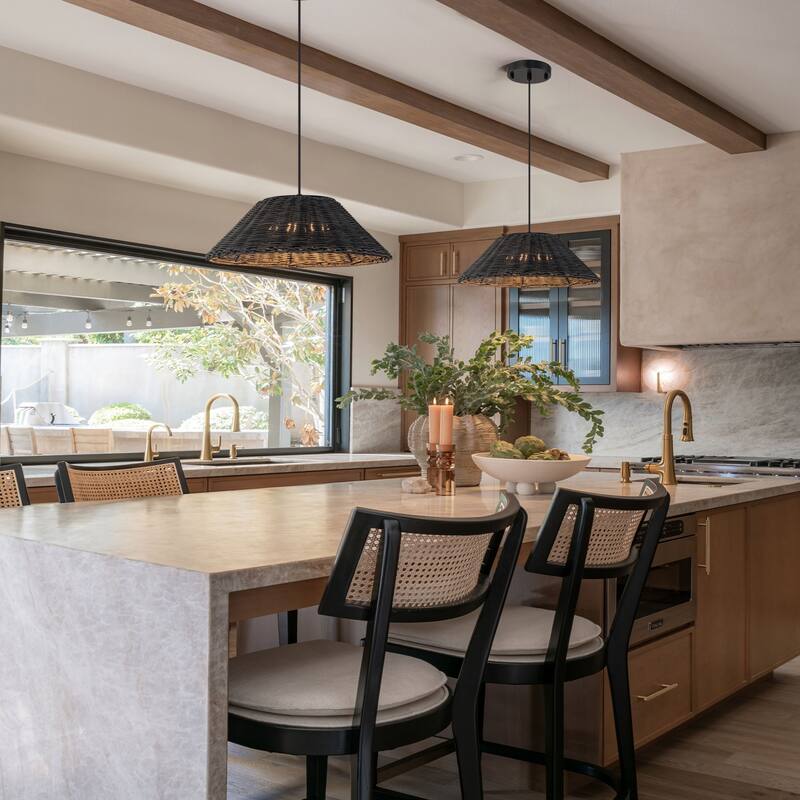 1-Light Black Rattan LED Chandelier Handwoven Straw Hat Pendant Light - 13.4"W x 5.2"H