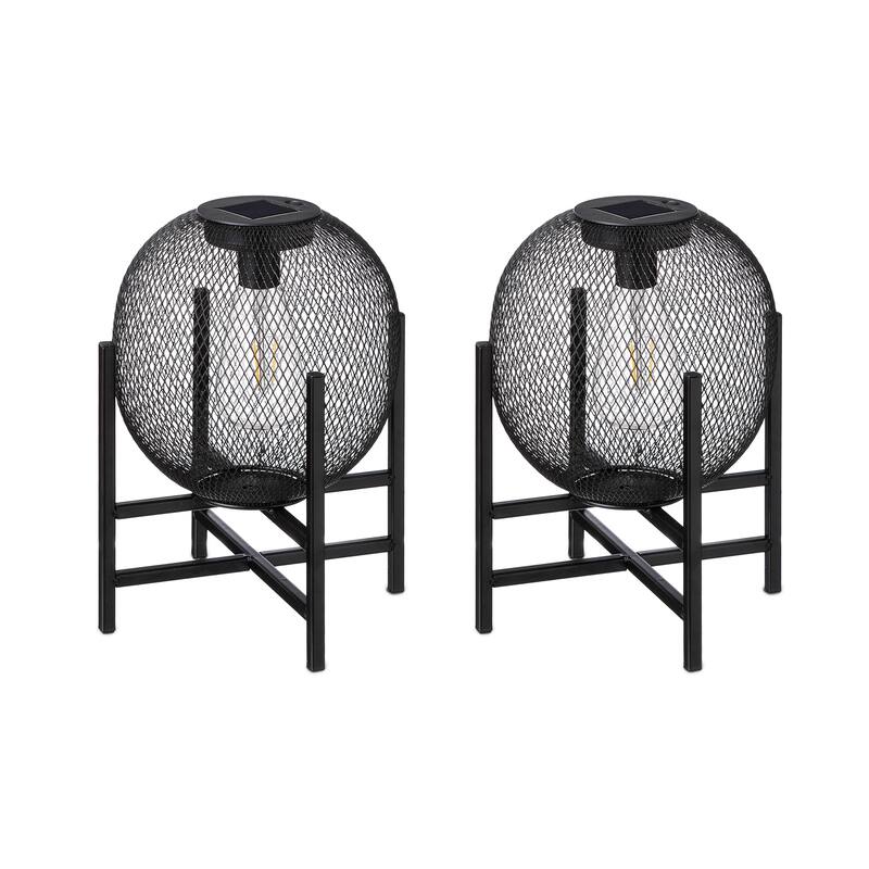 Glitzhome Set of 2 Metal Black Solar Powered Outdoor Lantern with Stand - 11.5" H