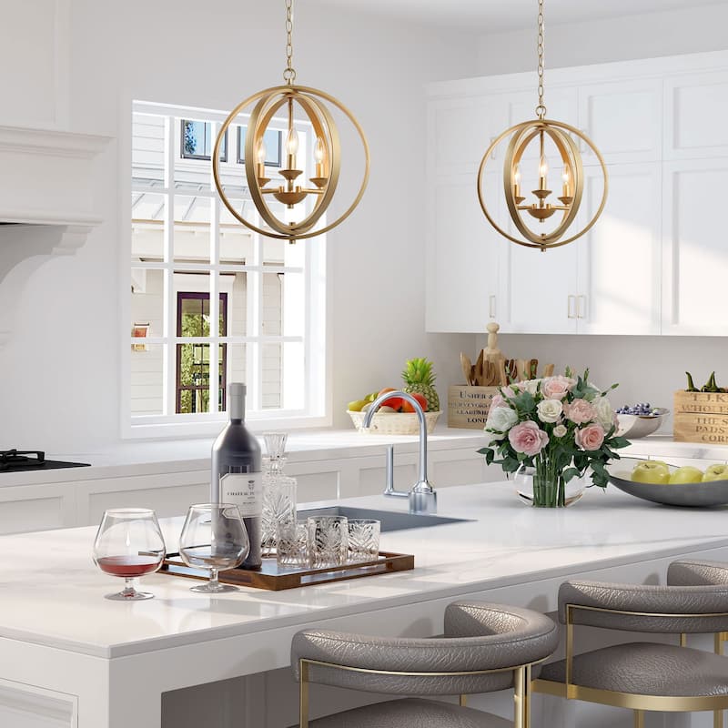 Mid-century Modern Gold Cage Pendant Light for Kitchen Gold 3-light Rotatable Globe Circles - W15.5" x H18"